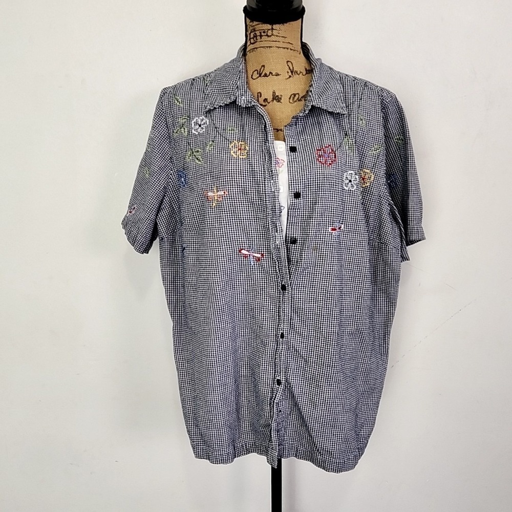 Vintage White Stag Womens 18 20 W Top Blue Plaid Embroidered Button Up Short Slv